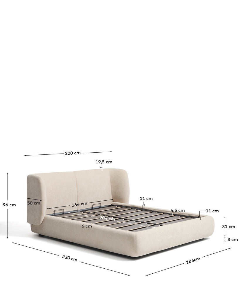 Cadre de lit déhoussable avec coffre rabattable Nerla en chenille beige pour matelas de 160 x 200 cm FSC 100%