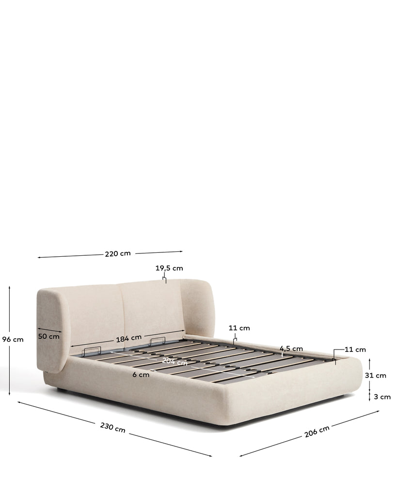 Cadre de lit déhoussable avec coffre rabattable Nerla en chenille beige pour matelas de 180 x 200 cm FSC 100%