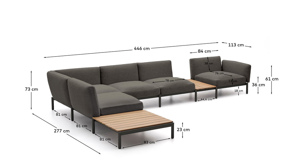 Sofà modular raconer exterior Sorells 5 places entapissat gris i alumini gris amb taules de teca 277x446 cm FSC 100%