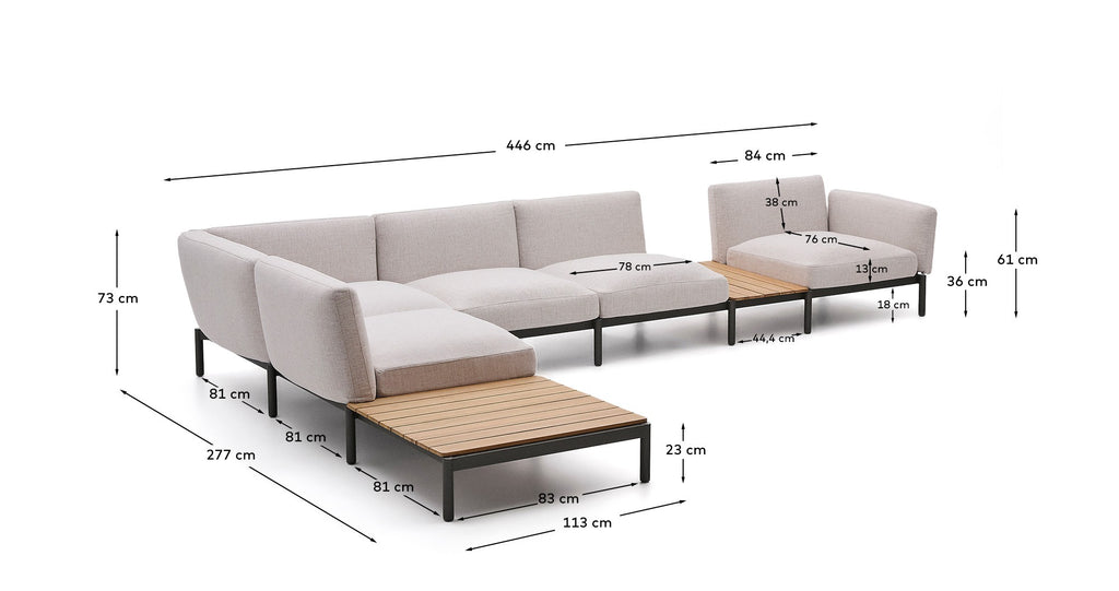 Sofà modular raconer exterior Sorells 5 places entapissat beix i alumini gris amb taules de teca 277 x 446 cm FSC 100%