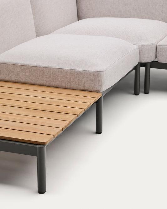 Sofà modular raconer exterior Sorells 5 places entapissat beix i alumini gris amb taules de teca 277 x 446 cm FSC 100%