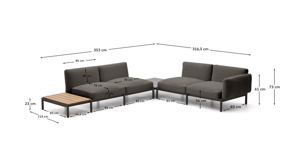 Sofà modular raconer exterior Sorells 4 places entapissat gris i alumini gris taula de teca 353x316,5 cm FSC 100%