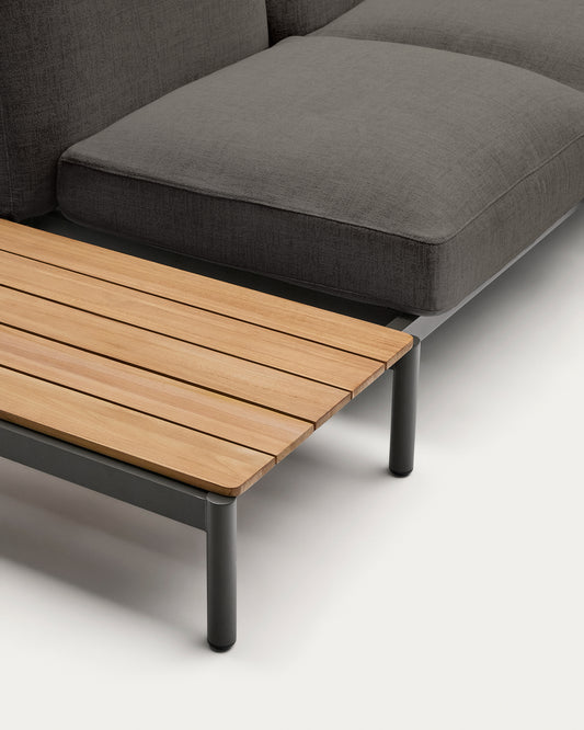 Sofà modular raconer exterior Sorells 4 places entapissat gris i alumini gris taula de teca 353x316,5 cm FSC 100%