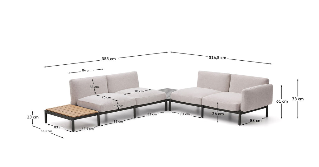 Sofà modular raconer exterior Sorells 4 places entapissat beix i alumini gris taula de teca 353x316,5 cm FSC 100%