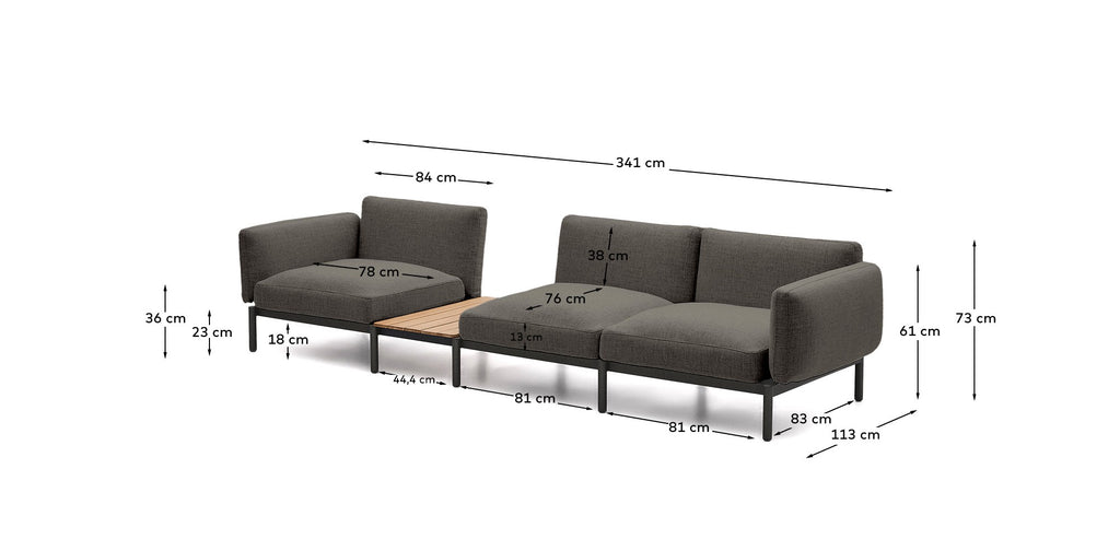 Sofà modular exterior Sorells 3 places entapissat gris i alumini gris amb taula de teca 341x113 cm FSC 100%