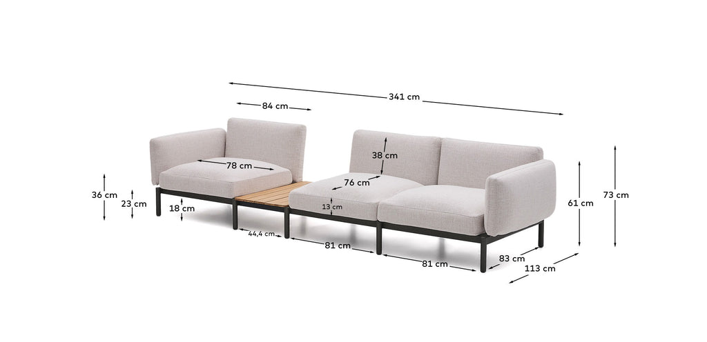 Sofà modular exterior Sorells 3 places entapissat beix i alumini gris amb taula de teca 341x113 cm FSC 100%