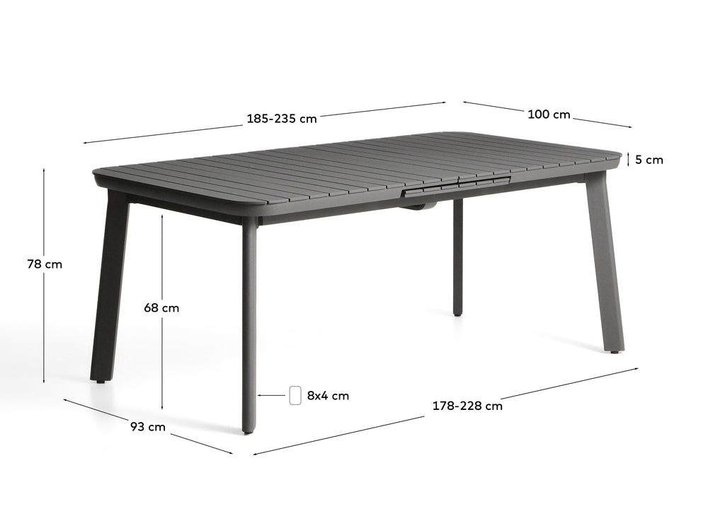Taula extensible d’exterior Izola d’alumini amb acabat grafit 185 (235) x 100 cm