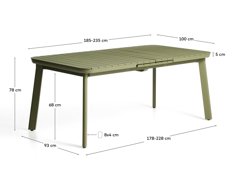 Taula extensible d’exterior Izola d’alumini amb acabat verd 185 (235) x 100 cm
