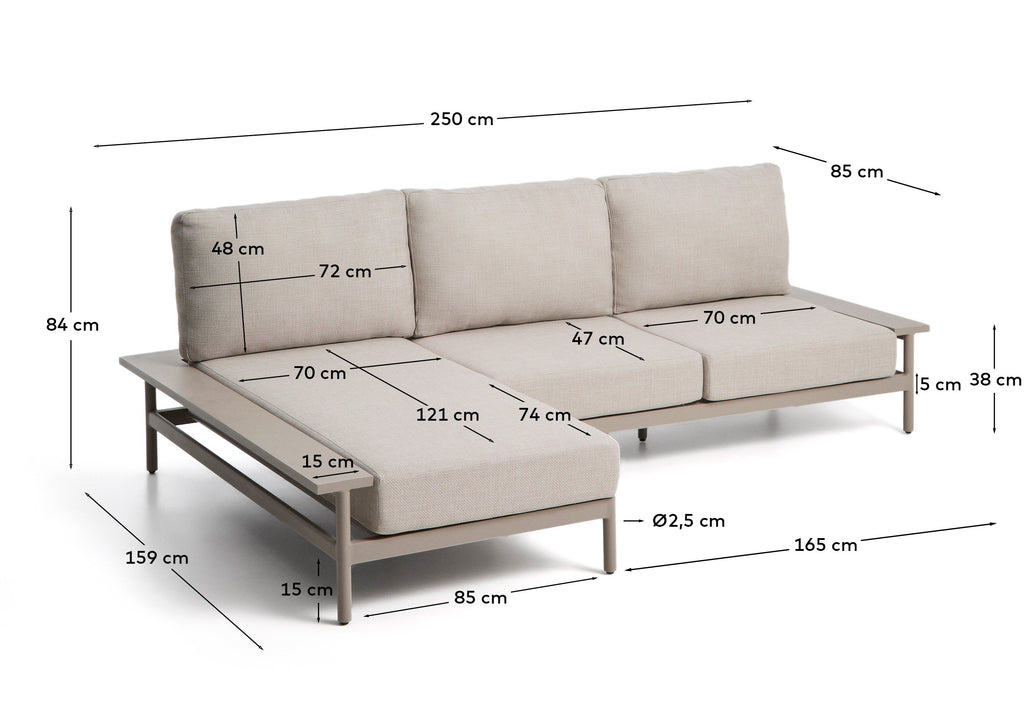 Sofá Vathi 3 plazas de aluminio con chaise longue izquierdo topo 250 x 159 cm