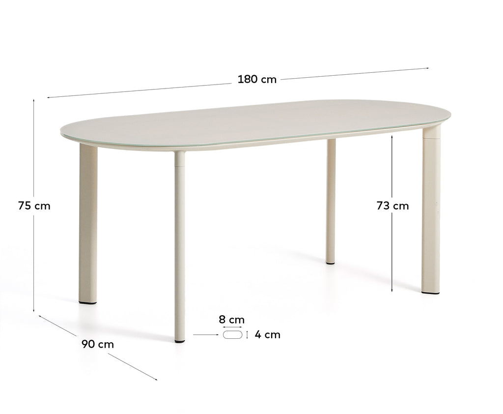 Taula ovalada Erice d’alumini i vidre temperat cru 180 x 90 cm