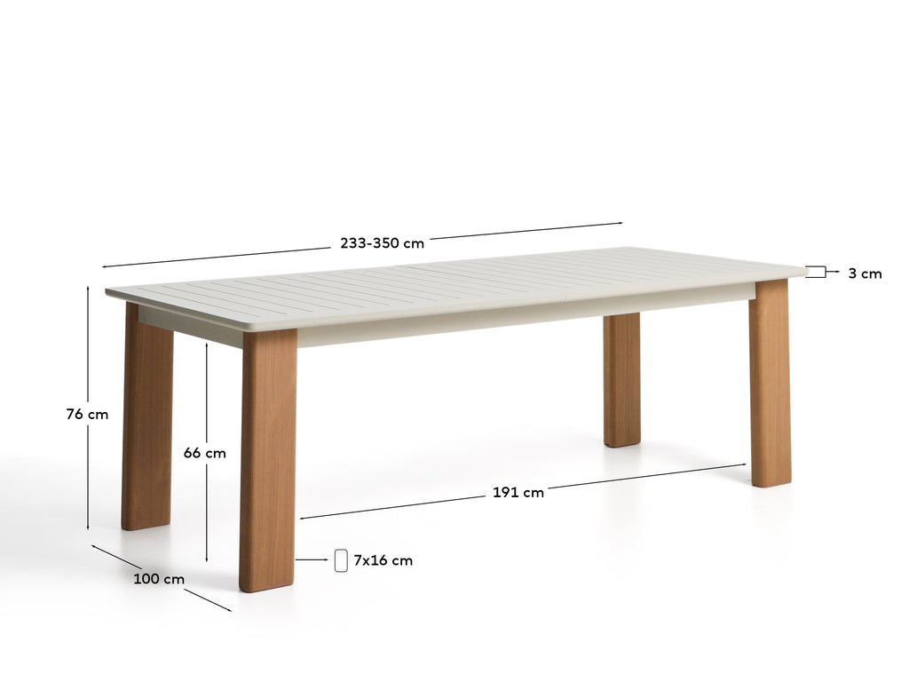 Taula extensible Livorno d’alumini color cru amb potes amb efecte fusta 233 (350) x 100 cm
