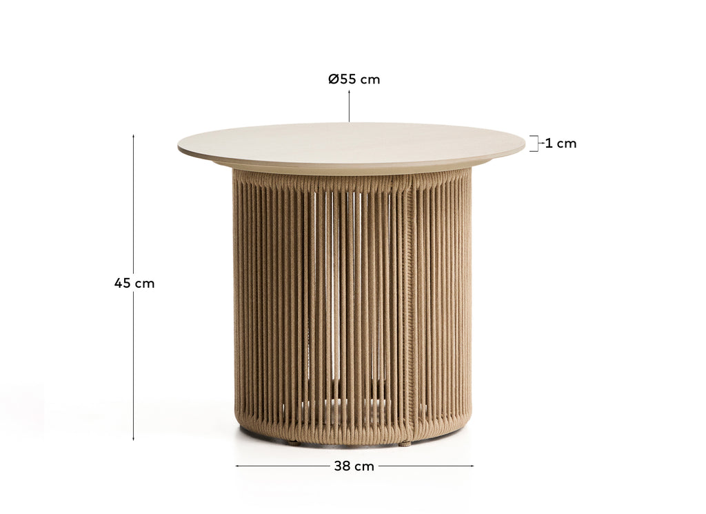 Taula auxiliar d’exterior Orosei de pedra sinteritzada, alumini i corda crua Ø 55 cm