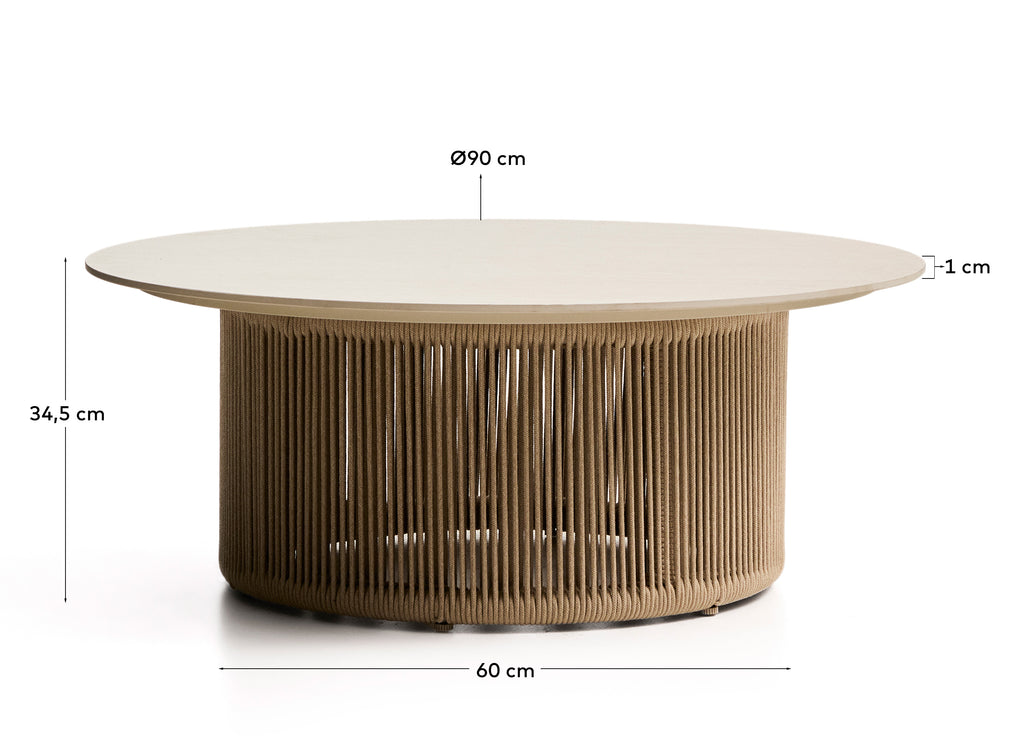 Taula de centre d’exterior Orosei de pedra sinteritzada, alumini cru i corda beige Ø 90 cm