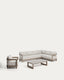 Set Nerano avec canapé d’angle 5 places, fauteuil et table basse en verre trempé et aluminium taupe