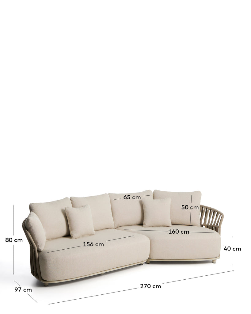 Sofà Osani de 3 places d'alumini cru i corda talp 274 cm