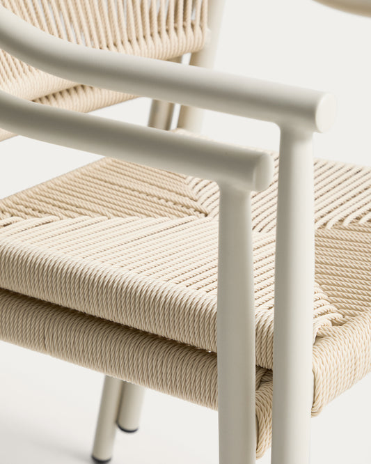 Set de taula extensible Brela d’alumini i 6 cadires apilables Livadia d’alumini i corda sintètica cru 205(287) x 100 cm