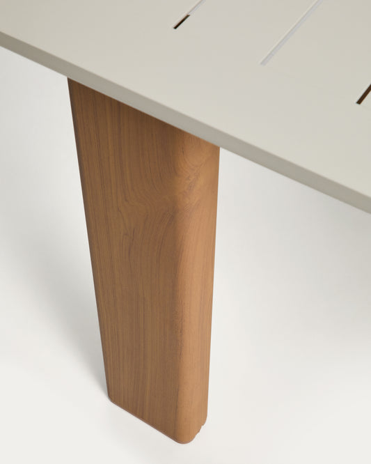Set de taula extensible Livorno alumini beix i potes efecte fusta i 6 cadires apilables Linosa alumini cru amb coixí beix 233(350)x100 cm