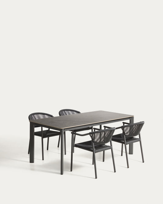 Ensemble table Anafi en pierre frittée et aluminium graphite 180 x 90 cm et 4 chaises Livadia en aluminium graphite