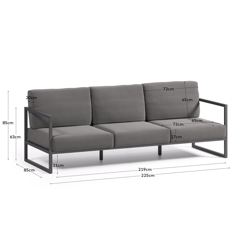 Sofà 100% exterior Comova 3 places gris fosc i d'alumini negre 222 cm