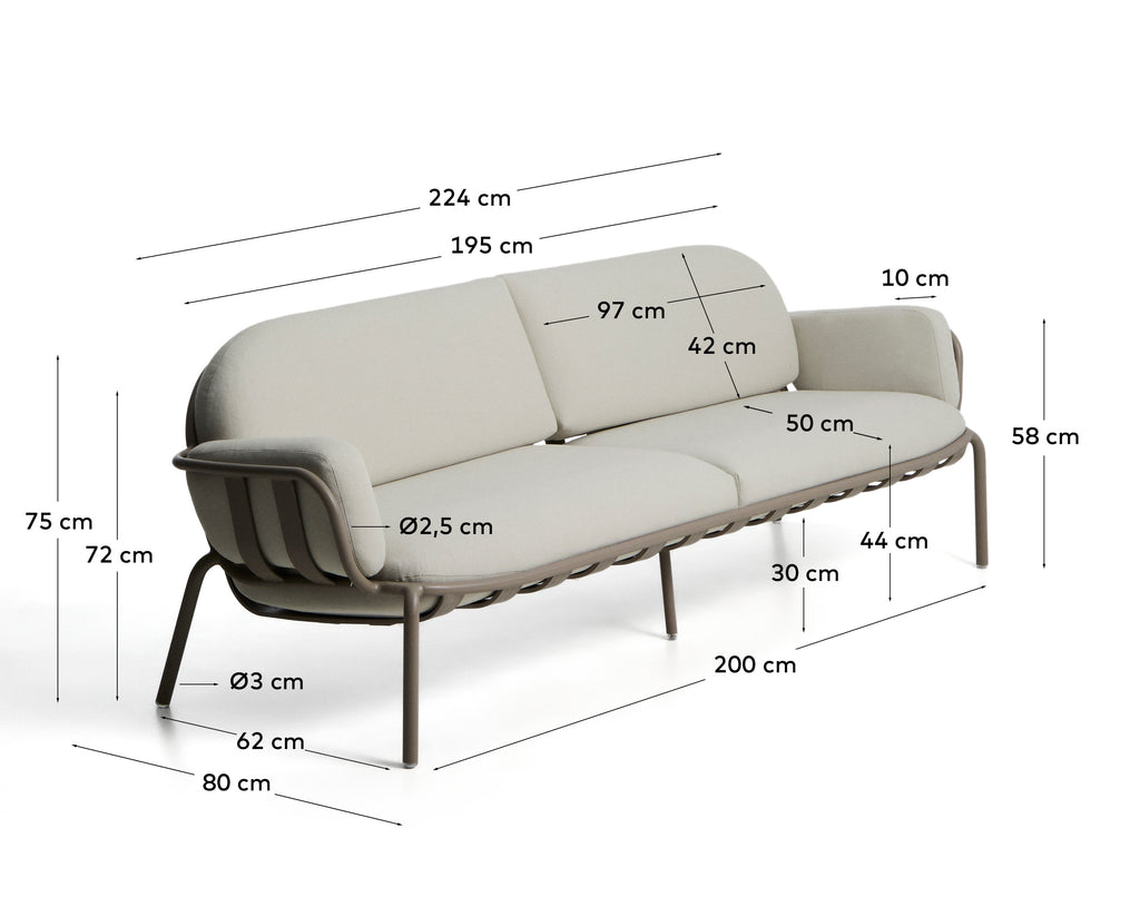Sofà d’exterior Joncols de 3 places d’alumini amb acabat pintat talp i coixins beix 224 cm