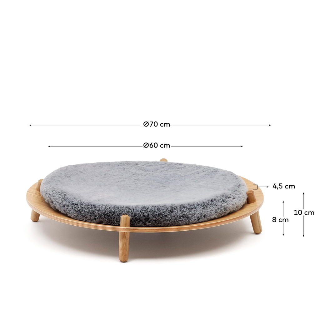 Cama para mascota Bunola de madera contrachapada de fresno y cojín pelo gris Ø 70 cm