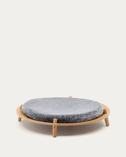 Cama para mascota Bunola de madera contrachapada de fresno y cojín pelo gris Ø 70 cm