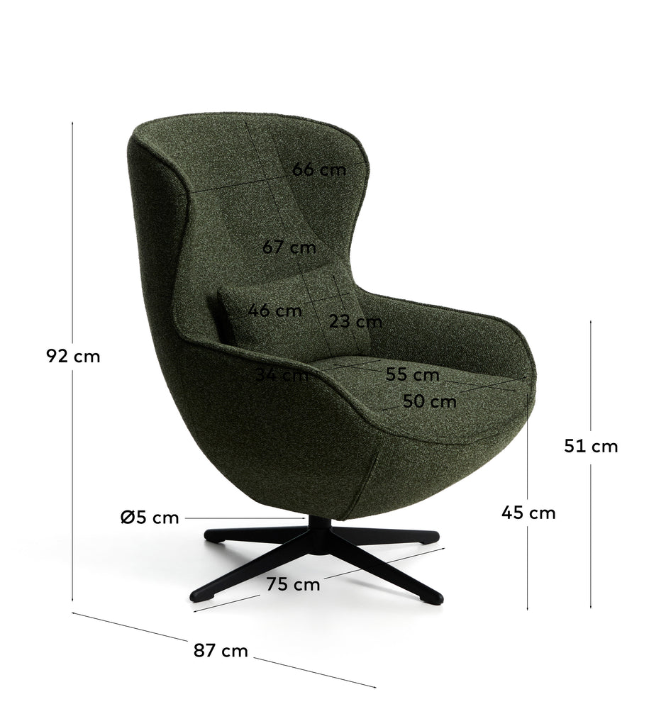 Butaca giratòria Sorile de xenilla verd fosc i acer amb acabat negre FSC™ 100%