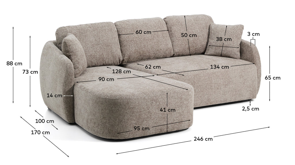 Sofà llit Laira 3 places de xenilla amb chaise longue esquerra topo 246 cm FSC Mix Credit