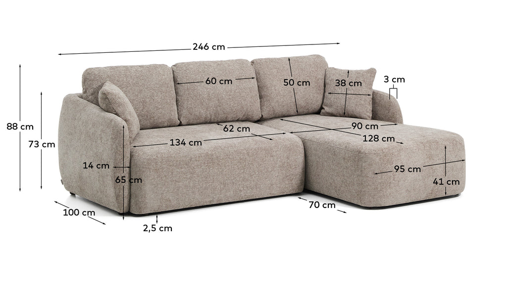Sofà llit Laira 3 places de xenilla amb chaise longue dreta topo 246 cm FSC Mix Credit