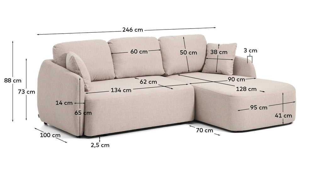 Sofà llit Laira 3 places de xenilla amb chaise longue dreta beix 246 cm FSC Mix Credit