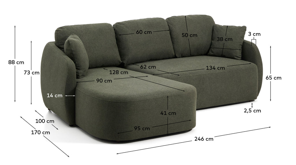 Sofà llit Laira 3 places de xenilla amb chaise longue esquerra verd fosc 246 cm FSC Mix Credit