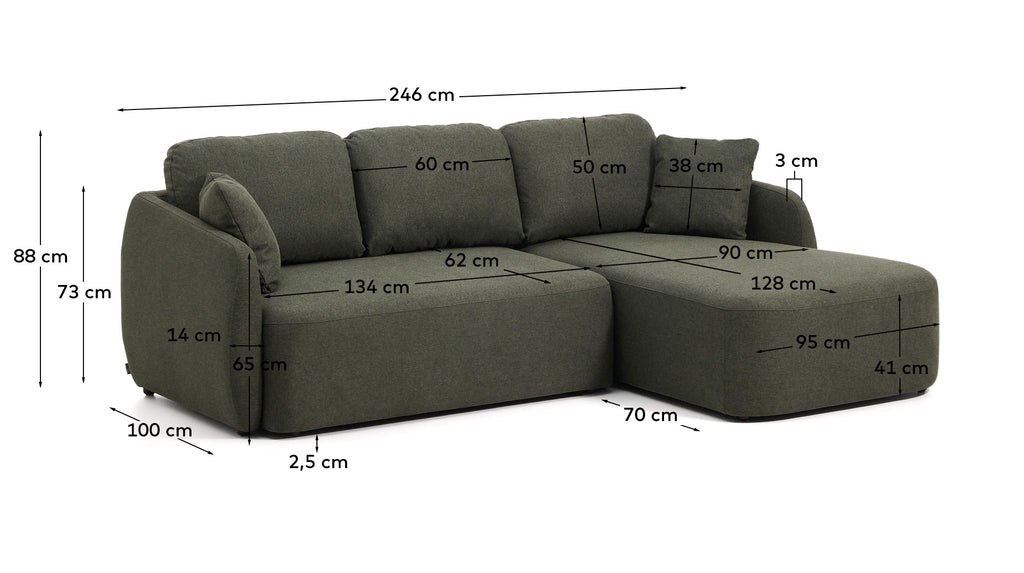 Sofà llit Laira 3 places de xenilla amb chaise longue dreta verd fosc 246 cm FSC Mix Credit
