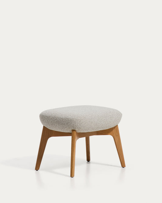 Repose-pieds Adiran en chenille épaisse beige avec pieds en bois de chêne finition naturelle