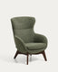 Fauteuil Adiran en chenille épaisse vert mousse avec pieds en bois de chêne finition noyer