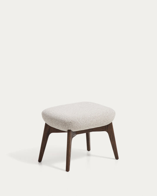 Repose-pieds Adiran en chenille épaisse beige avec pieds en bois de chêne finition noyer