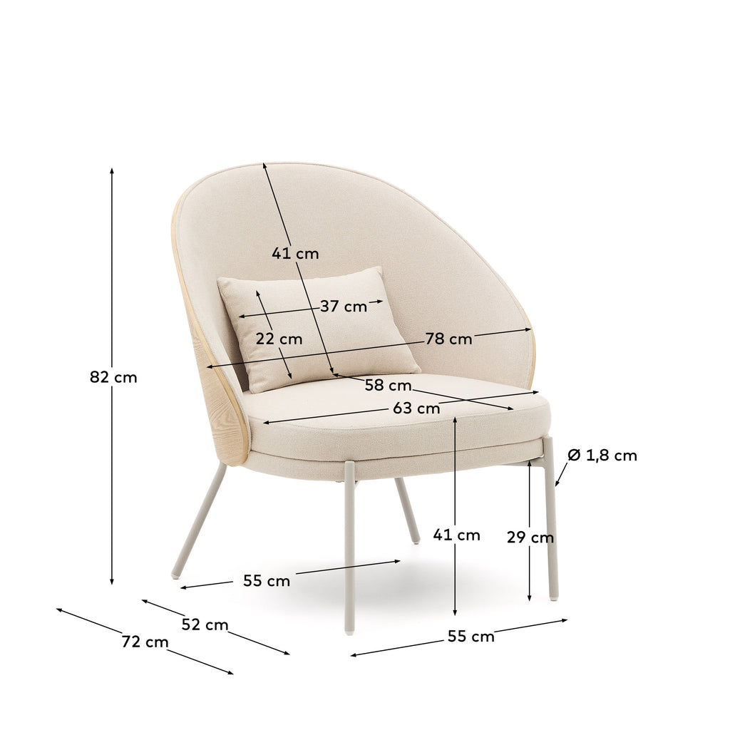 Fauteuil Eamy en chenille beige, placage de frêne avec finition naturelle et métal beige