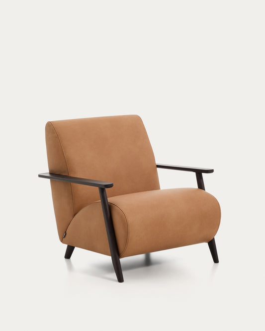 Fauteuil Meghan en cuir marron et bois de frêne avec finition ton wengé FSC Mix Credit