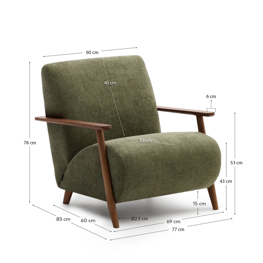 Fauteuil Meghan en chenille verte et bois de frêne finition noyer FSC Mix Credit