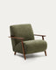 Butaca Meghan de chenilla verde y madera maciza de fresno con acabado nogal FSC Mix Credit