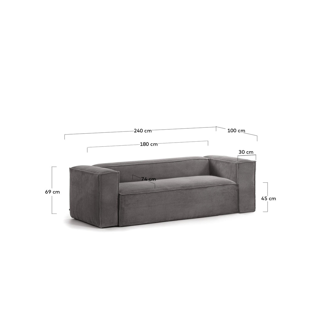 Canapé Blok 3 places velours à grosses côtes gris 240 cm
