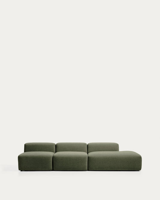 Canapé Blok 3 places avec pouf terminal droit en chenille vert mousse 325 cm – FSC Mix Credit