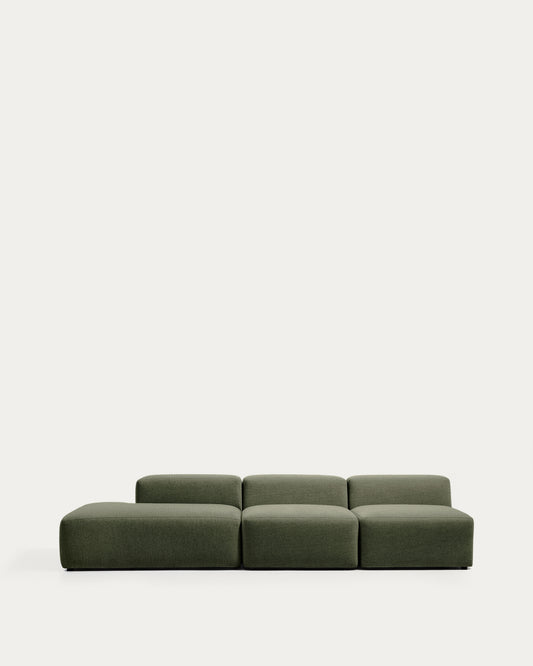 Canapé Blok 3 places avec pouf terminal gauche en chenille vert mousse 325 cm – FSC Mix Credit