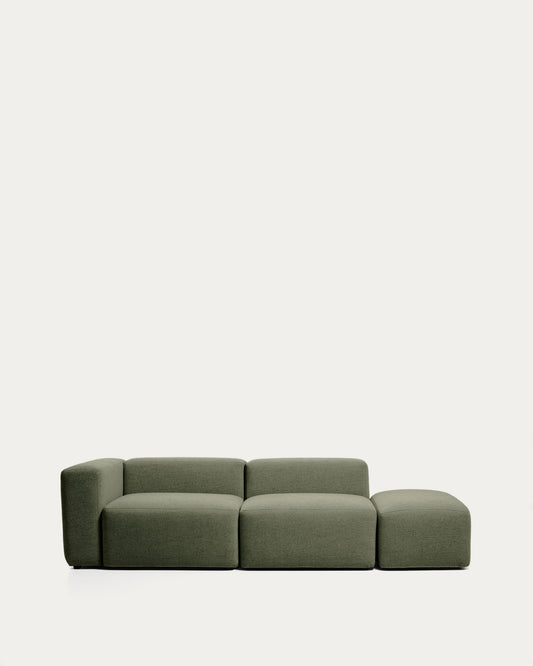 Canapé Blok 3 places avec accoudoir gauche et pouf terminal en chenille vert mousse 270 cm – FSC Mix Credit