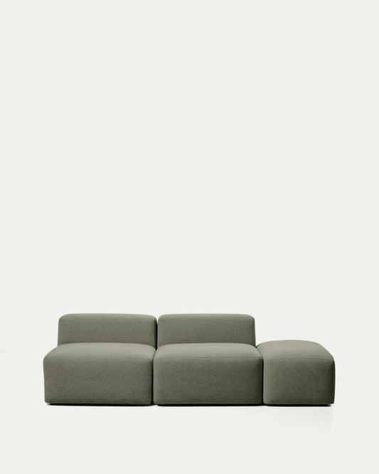 Canapé Blok 3 places avec pouf terminal en chenille vert mousse 240 cm – FSC Mix Credit