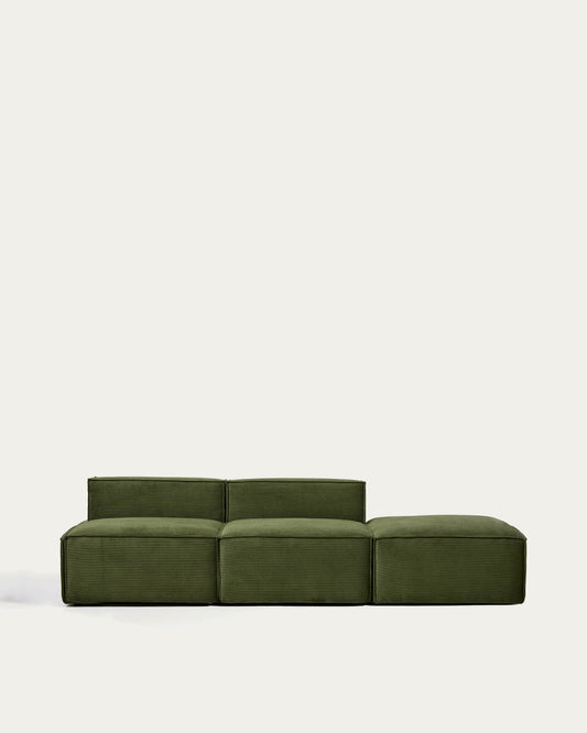 Canapé Blok 3 places avec pouf terminal en velours côtelé épais vert 270 cm – FSC Mix Credit