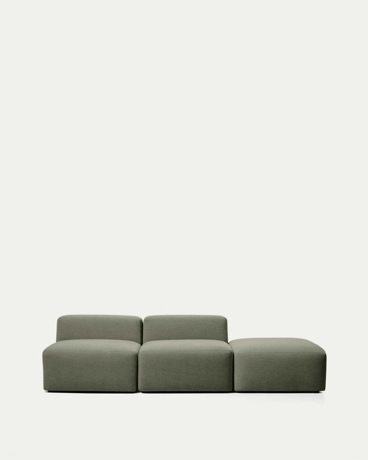 Canapé Blok 3 places avec pouf terminal en chenille vert mousse 270 cm – FSC Mix Credit