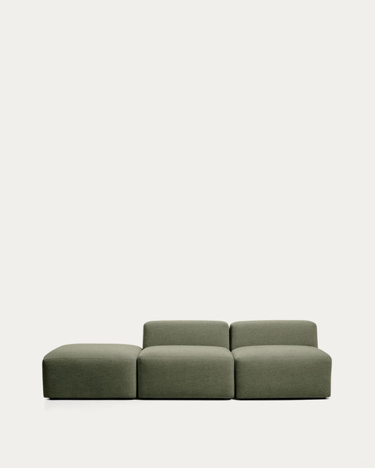 Canapé Blok 3 places avec pouf terminal en chenille vert mousse 270 cm – FSC Mix Credit