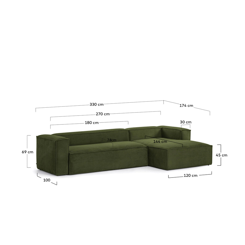 Sofá Blok 4 plazas pana gruesa chaise longue derecho verde 330 cm FSC Mix Credit