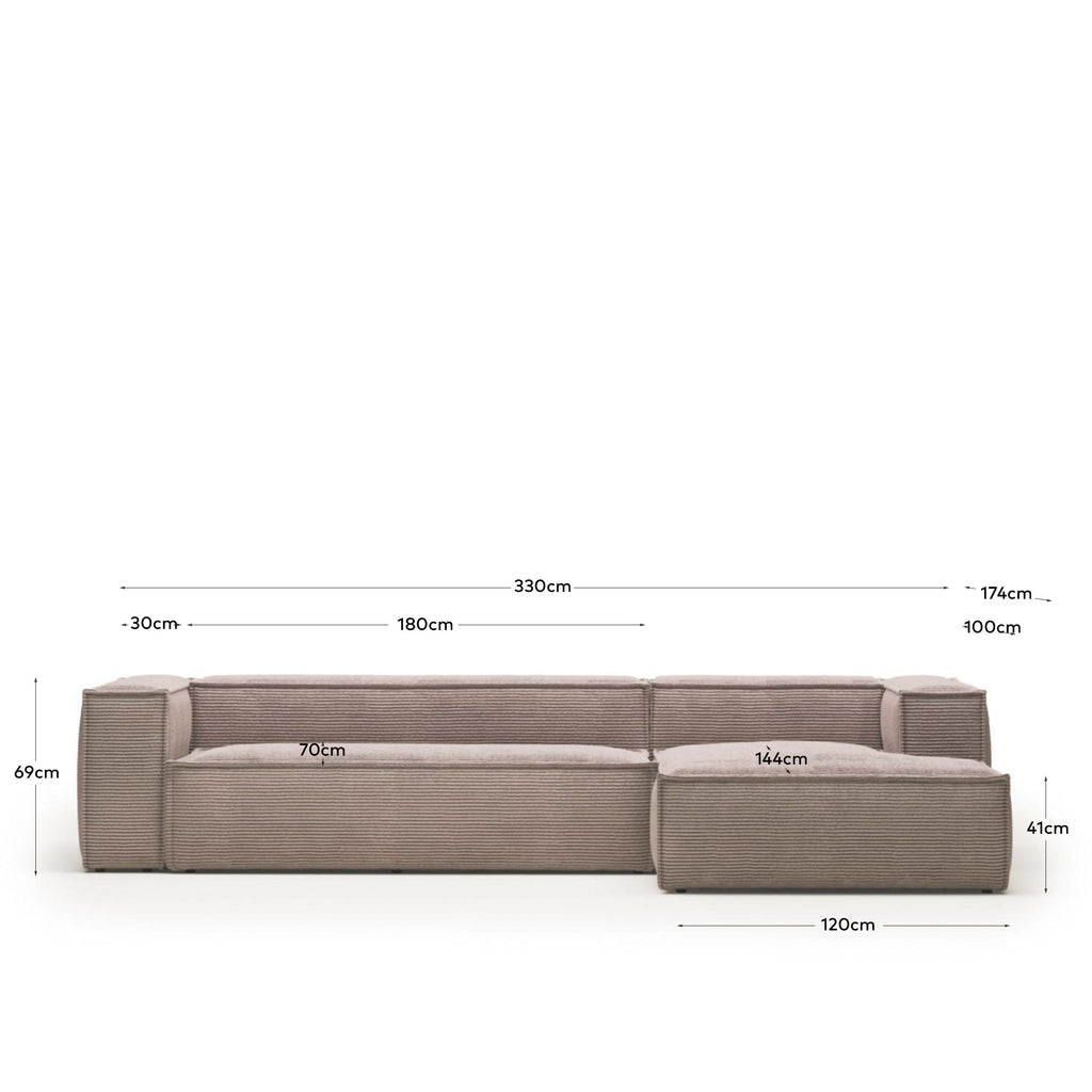 Sofà Blok 4 places chaise longue dret pana gruixuda rosa 330 cm