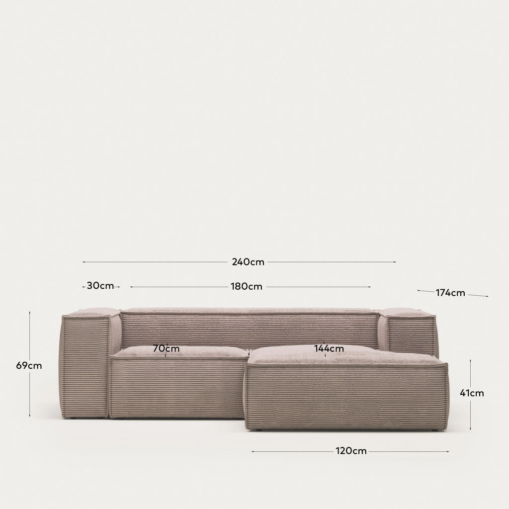 Sofà Blok 2 places chaise longue dret pana gruixuda rosa 240 cm